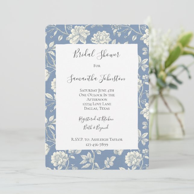 Convites Pretty Romantic Blue Cream Flowers Bridal Shower (Em pé/Frente)