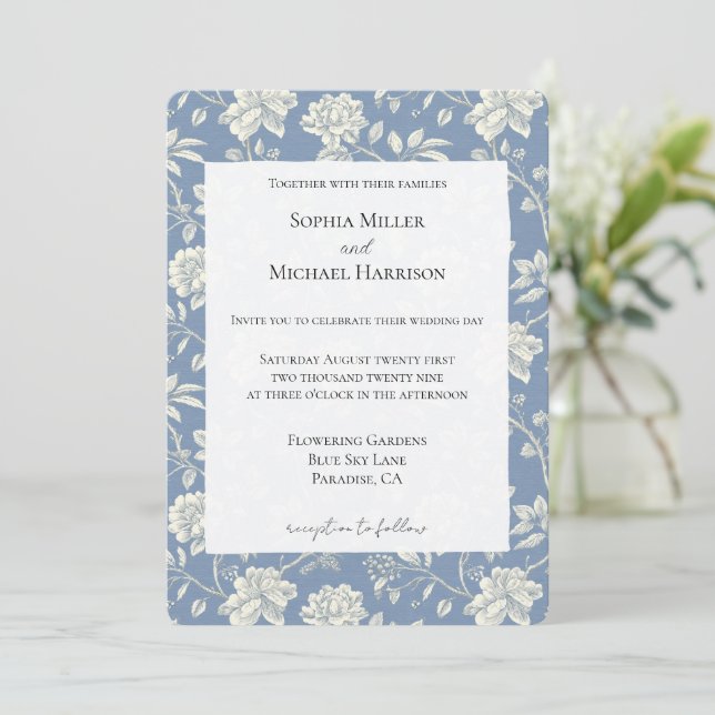Convites Pretty Romantic Blue Cream Flowers Wedding (Em pé/Frente)