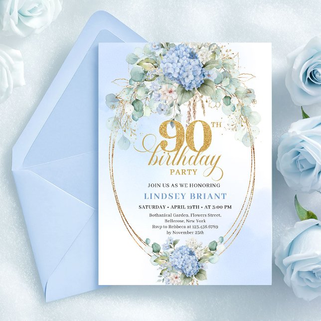 Convites Pretty Soft Blue Hydrangea Gold 90th Birthday Card (Pretty Soft Blue Hydrangea Gold 90th Birthday Card)