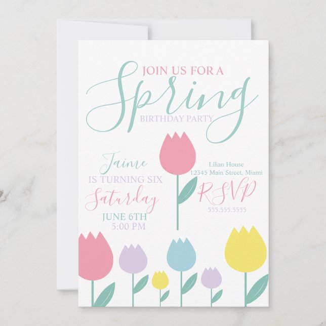 Convites Pretty Spring Tulips Pastel Floral Birthday Party (Frente)