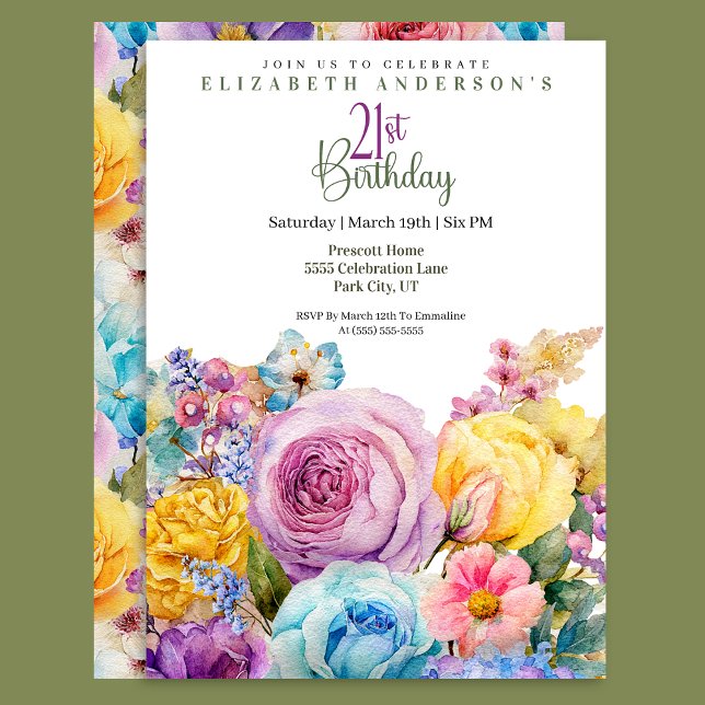 Convites Pretty Watercolor Spring Floral 21st Birthday (Criador carregado)