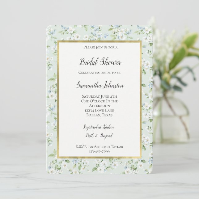 Convites Pretty White Mint Light Blue Floral Bridal Shower  (Em pé/Frente)