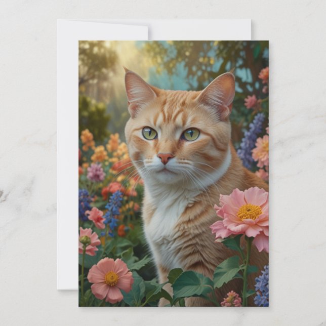 Convites Pretty white orange cat in floral garden (Frente)