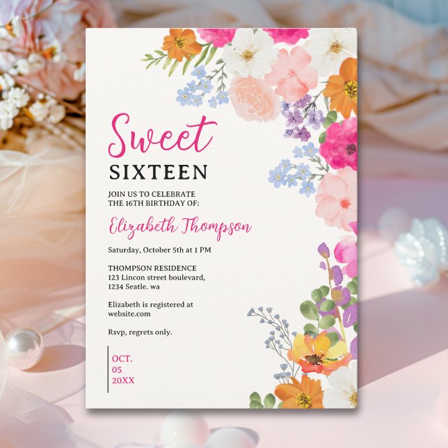 Convites Pretty Wildflowers Sweet Sixteen (Criador carregado)