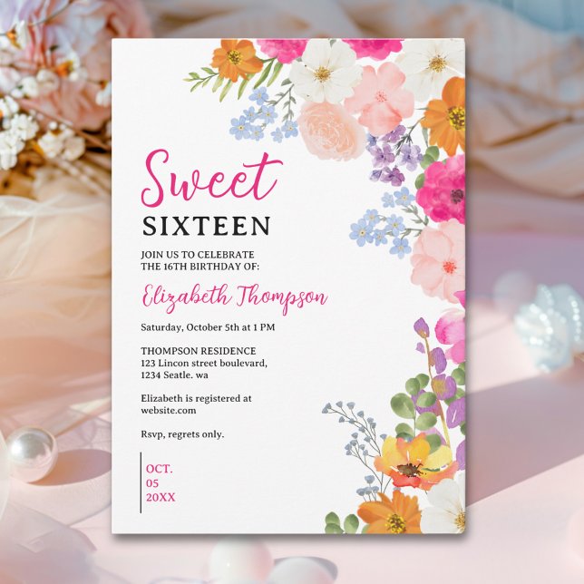 Convites Pretty Wildflowers Sweet Sixteen (Criador carregado)