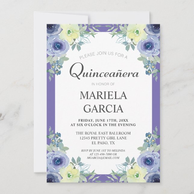 Convites Pretty Yellow Purple Floral Quinceañera Birthday   (Frente)