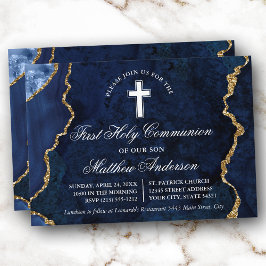Convites Prima Comunhão de Geodo Marble Dourado Azul