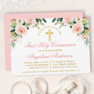 Convites Prima Comunhão Floral Branco Cor-de-Água Rosa Dour