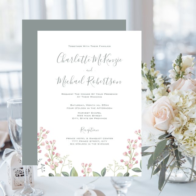 Convites Primavera Blossoms Casamento Verde de Casa Verde d (Spring Blossoms, Pink Blush, Mint Green, Wedding Invitation)