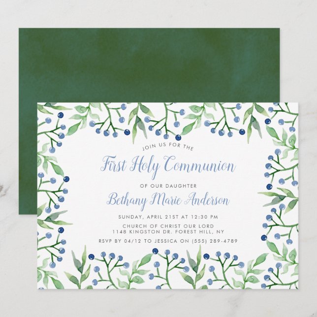 Convites Primavera Blueberry Santa Comunhão ou Confirmação (Frente/Verso)