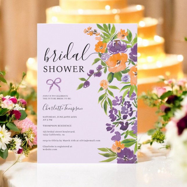 Convites Primavera Boho Lavanda chá de panela Floral Laranj (Spring Boho Lavender Orange Floral bridal shower Invitation)