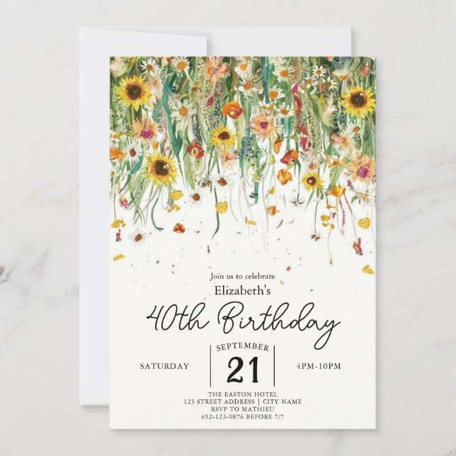 Convites Primavera Boho Wildflower aniversário de 40 anos (Frente)