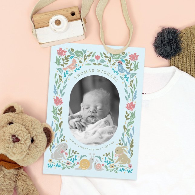 Convites Primavera Bunnies Birds Snail Blue Foto Nascimento (Criador carregado)