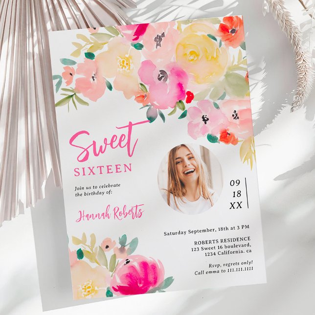 Convites Primavera cor-de-rosa fofo chic jardim floral 16 (Spring pink boho chic garden floral photo sweet 16 invitation)