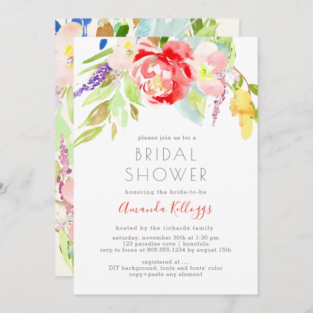 Convites Primavera de Aquarela do Chá de panela PixDezines (Frente/Verso)