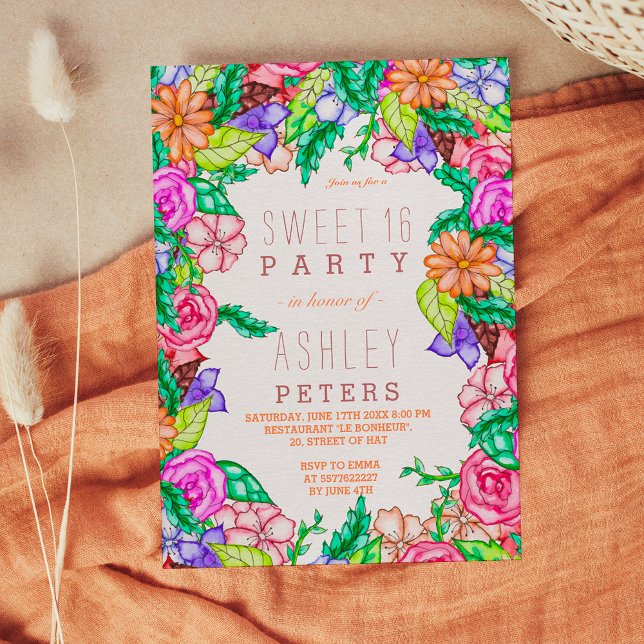 Convites Primavera de aquarelas pintadas manualmente cor fl (Spring watercolor floral hand painted Sweet 16 Invitation)