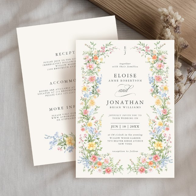 Convites Primavera de Ornamentado de Pastel Suave em Um Cas (Soft Pastel Ornate Spring All in One details on back  Chic Wedding Invitation)