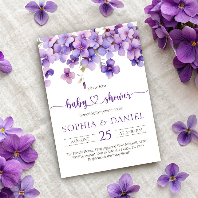 Convites Primavera Delicar Chá de fraldas de Flores Violeta (Spring Delicate Violet Flowers Baby Shower Invitation)