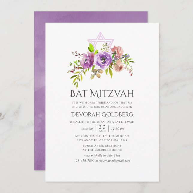 Convites Primavera Floral Bat Mitzvah (Frente/Verso)