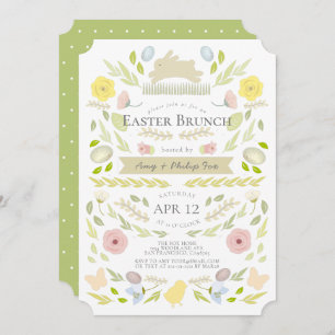 Convites Primavera Floral Bunny Foliage Green Páscoa Brunch