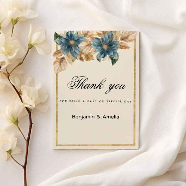 Convites Primavera floral de ouro marfim azul Obrigado (Blue ivory gold fall spring floral Thank You)
