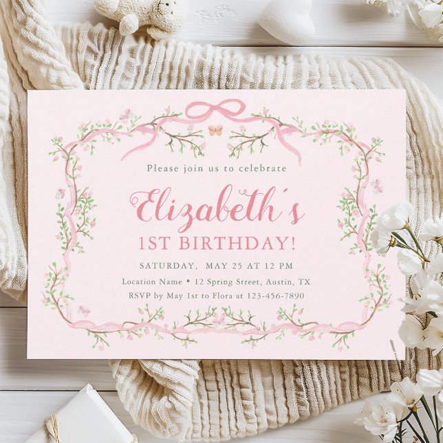 Convites Primavera Garden Pink & Green primeiro aniversario (Criador carregado)