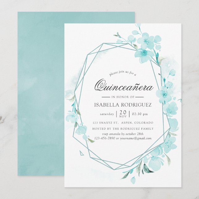 Convites Primavera Geométrico de Cerejeira Azul Quinceañera (Frente/Verso)