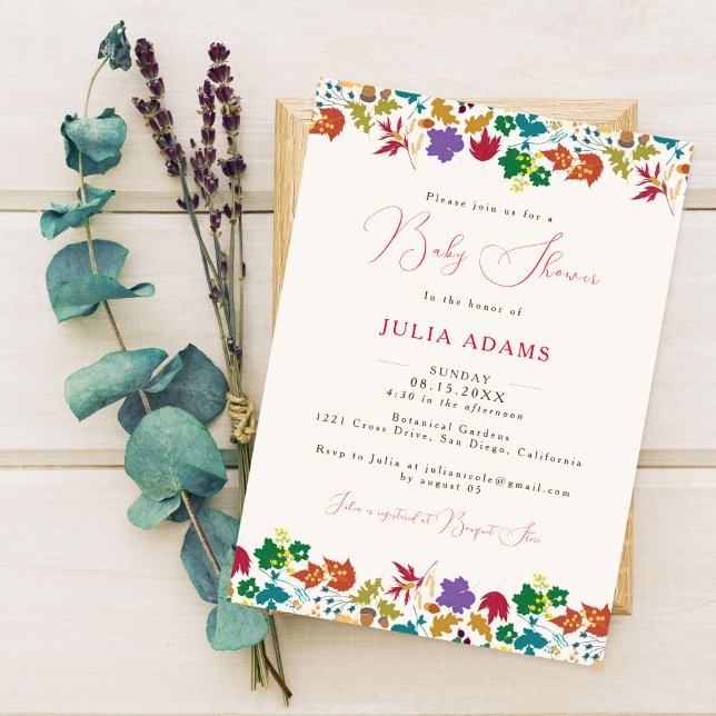 Convites Primavera Mostarda Chá de fraldas Amarelo Roxo (Criador carregado)