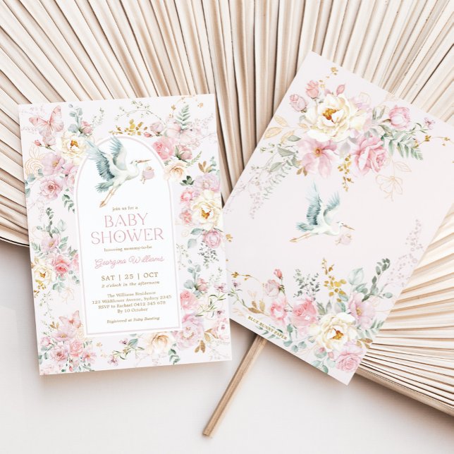 Convites Primavera Pastel Pink Storey Chá de fraldas de flo (Criador carregado)