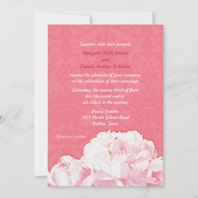 Convites Primavera Peony Blooms Coral Pink Casamento (Frente)