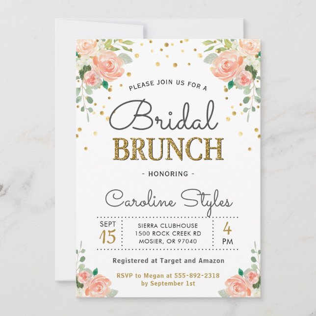 Convites Primavera Peony Dourado Glitter Bridal Brunch (Frente)