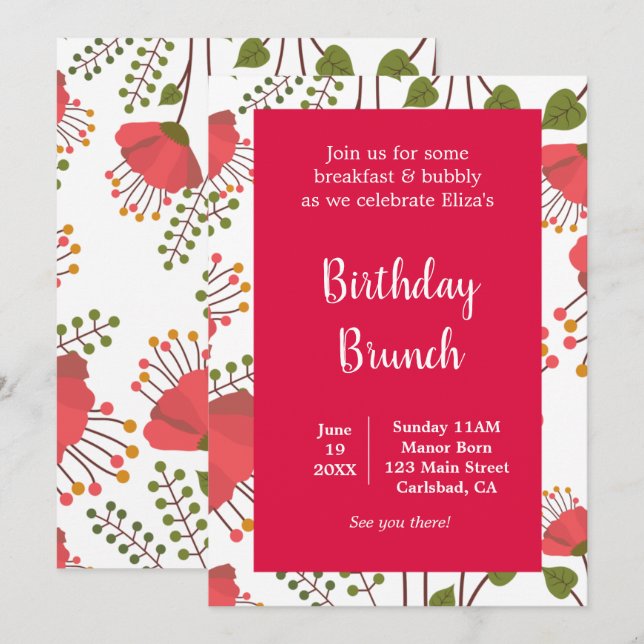 Convites Primavera Red Poppies Floral Birthday Brunch (Frente/Verso)