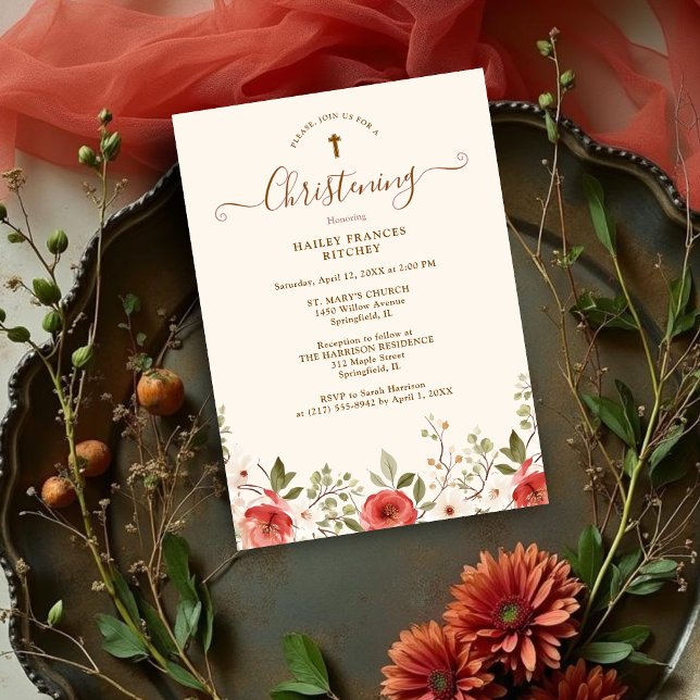 Convites Primavera Romântica Rosas e Flores Batismo (Romantic Spring Roses and Flowers Baptism Invitation Card Design.)