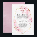 Convites Primavera Rosa Geométrico Blossom Mitzvah<br><div class="desc">Convite de morcego floral de cor d'água cor rosa com sakura florssom com quadro geométrico dourado personalizável para suas especificidades de evento.</div>