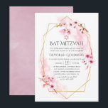Convites Primavera Rosa Geométrico Blossom Mitzvah<br><div class="desc">Convite de morcego floral de cor d'água cor rosa com sakura florssom com quadro geométrico dourado personalizável para suas especificidades de evento.</div>