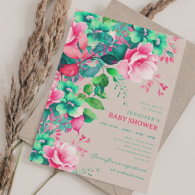 Convites Primavera Summer Garden Floral Chá de fraldas Cham (Spring Summer Garden Floral Baby Shower Champagne Invitation)