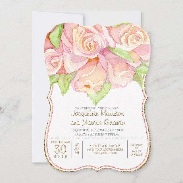 Convites Primavera Summer Wedding Watercolor Rose Bouquet (Frente)