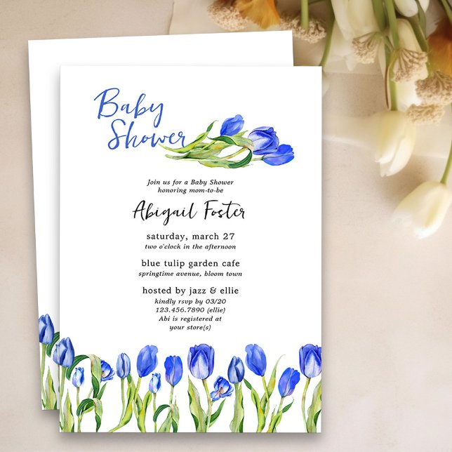 Convites Primavera Tulip Flowers Chá de fraldas Floral Azul (Spring Baby Shower Invitation with blue tulips)