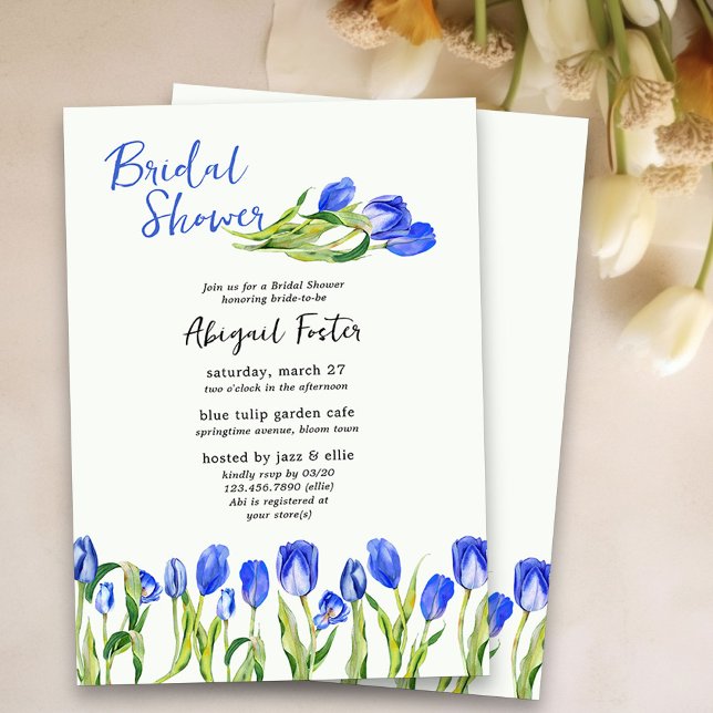 Convites Primavera Tulip Flowers Chá de panela Floral Azul (Tulip Bridal Shower Invitation - perfect for spring or easter bridal shower)