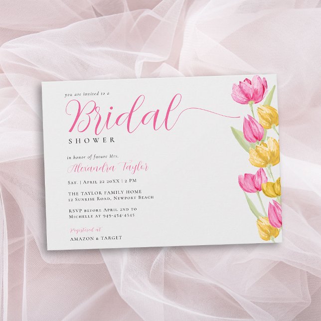 Convites Primavera Tulipas Boho Chá de panela Rosa Quente (spring bridal shower invitation tulips hot pink yellow watercolor boho chic calligraphy pretty)