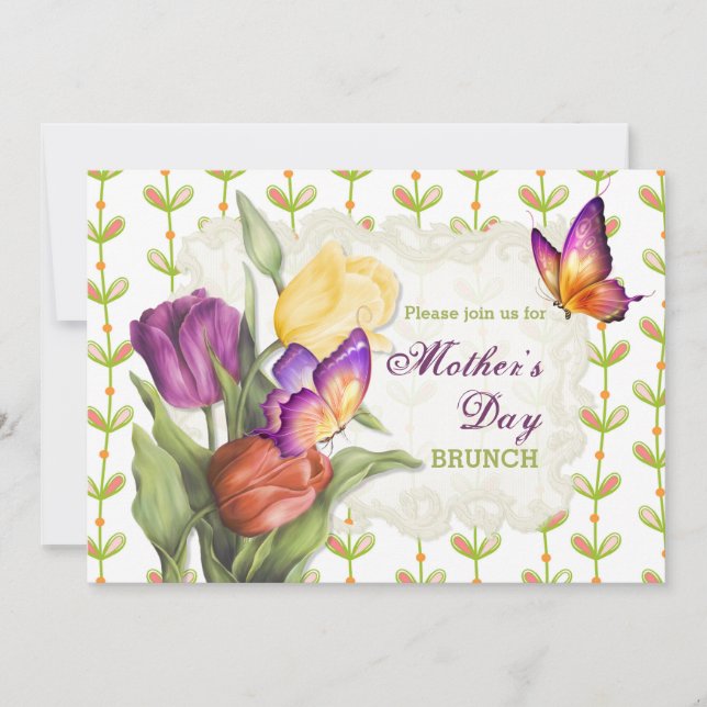 Convites Primavera Tulips 2 Dia de as mães Brunch (Frente)