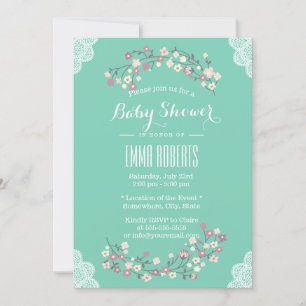 Convites Primavera Verde Floral & Lace Baby Shower Invasore