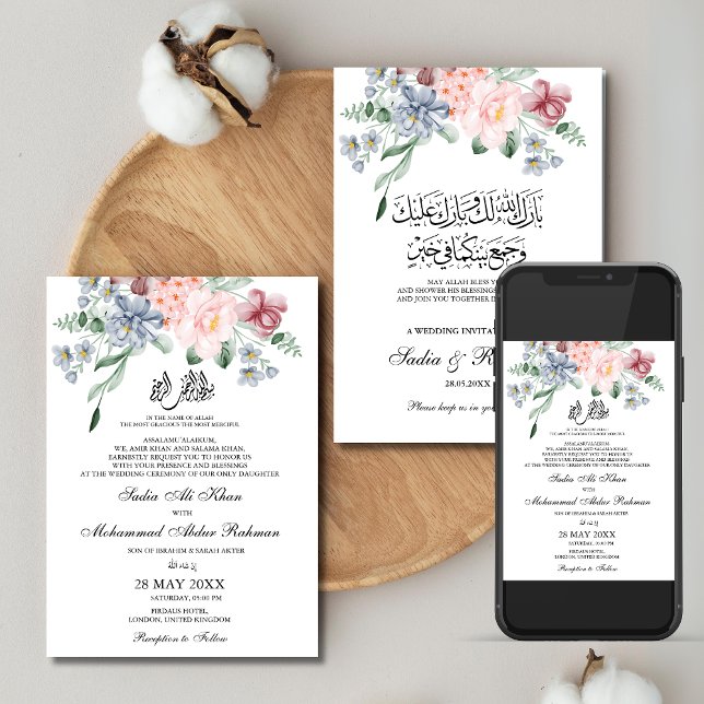 Convites Primavera Watercolor Floral Muslim Weding Nikah (Spring Watercolor Floral Muslim Wedding Nikah Invitation)