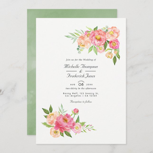 Convites Primavera Watercolor Peonies QR Code RSVP Casament (Frente/Verso)