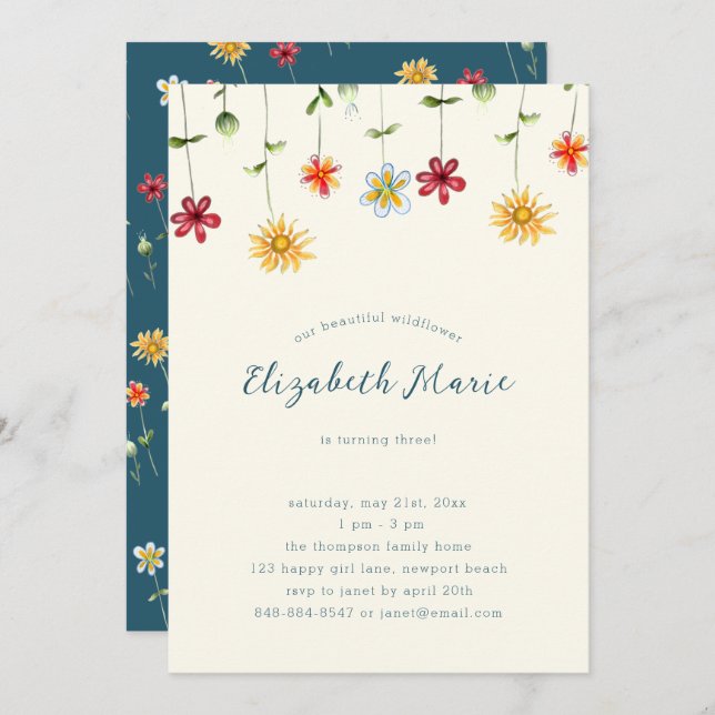 Convites Primavera Whimsical Wilflower Yellow Girl Aniversá (Frente/Verso)