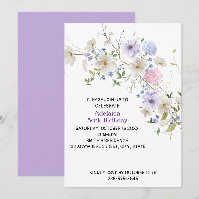 Convites Primavera Wildflower Boho Purple Pink Flowers (Frente/Verso)
