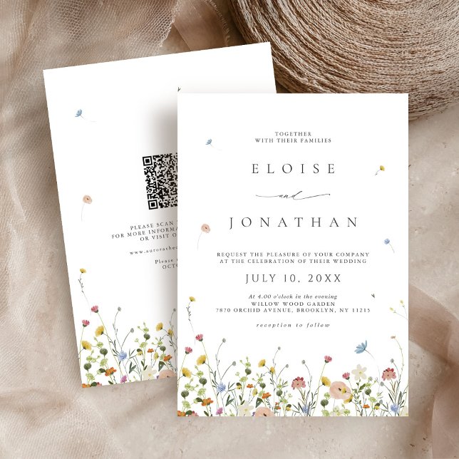 Convites Primavera Wildflower Garden Floral Código QR Casam (Spring Wildflower Garden Floral QR Code Wedding Invitation)
