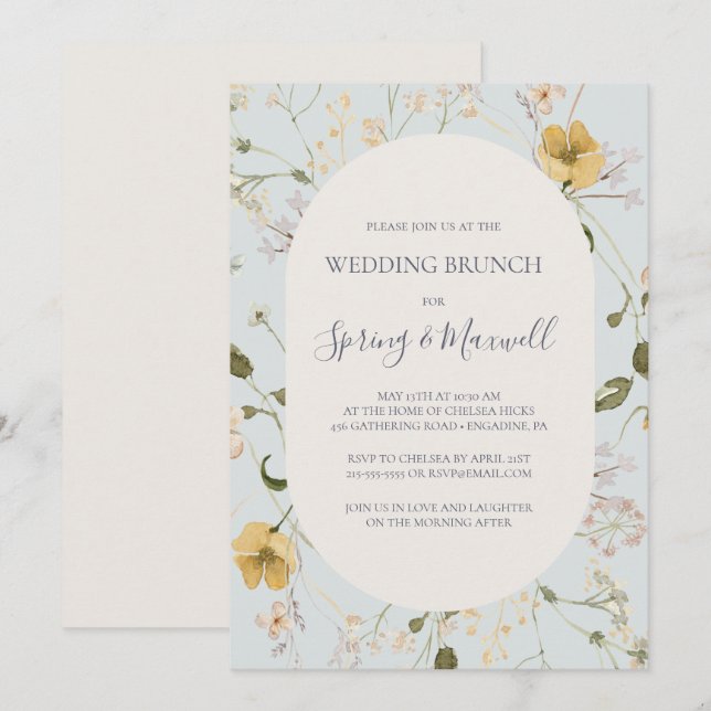 Convites Primavera Wildflower | Light Blue Wedch Brunch (Frente/Verso)