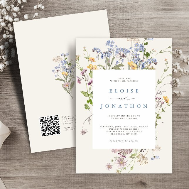 Convites Primavera Wildflower Meadow Garden Casamento com C (Spring Wildflower Meadow Garden QR Code Wedding Invitation)