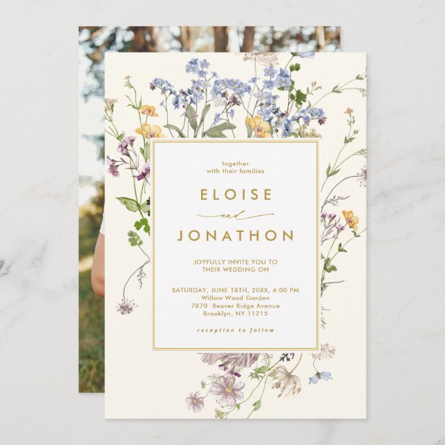 Convites Primavera Wildflower Meadow Garden Foto Dourada Ca (Frente/Verso)